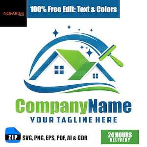 Op de afbeelding: Een logo met een huisontwerp, groen dak en blauwe details, samen met een schoonmaakgereedschap. De tekst luidt "CompanyName YOUR TAGLINE HERE", met extra tekst: "100% Free Edit: Text & Colors", "ZIP SVG, PNG, EPS, PDF, AI & CDR" en "24 HOURS DELIVERY".