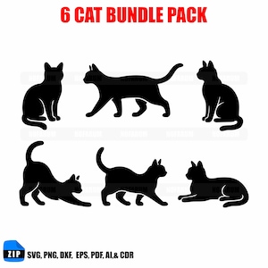May include: A black cat bundle pack featuring six cat silhouettes in various poses. The text "6 CAT BUNDLE PACK" is in red at the top. The image also includes file type information: SVG, PNG, DXF, EPS, PDF, AI, & CDR.