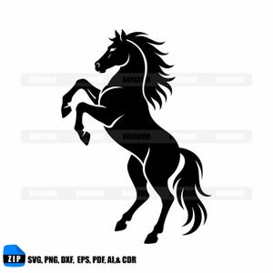 May include: A black silhouette of a rearing horse. The horse is depicted in a dynamic pose, with its front legs raised. The image includes the text "ZIP SVG, PNG, DXF, EPS, PDF, AI,& CDR".