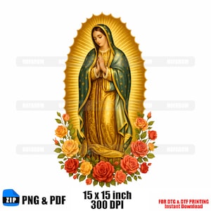 May include: A digital illustration of a religious figure with hands clasped in prayer, wearing a gold and green robe, surrounded by a golden halo and roses. The image is 15 x 15 inches and includes the text "PNG & PDF" and "300 DPI".