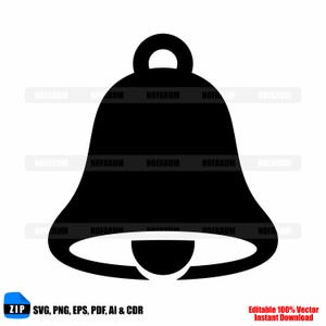 Puede incluir: Silueta negra de una campana con un lazo en la parte superior y un badajo en el interior. La imagen incluye el texto "SVG, PNG, EPS, PDF, AI & CDR" y "Editable 100% Vector Instant Download".