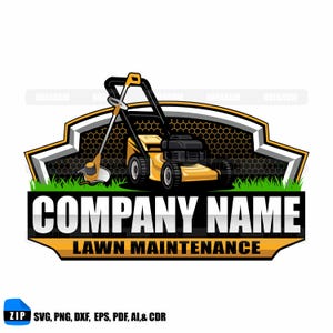 Może przedstawiać: Logo firmy zajmującej się pielęgnacją trawników z żółtą kosiarką i podkaszarką. Projekt zawiera tekst "COMPANY NAME" i "LAWN MAINTENANCE" pogrubioną czcionką na tle w kształcie tarczy.