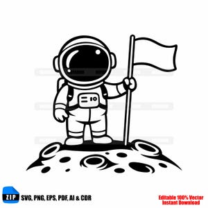 Pode incluir: Ilustração a preto e branco de um astronauta na lua segurando uma bandeira. O astronauta está usando um traje espacial e um capacete. A imagem inclui o texto "SVG, PNG, EPS, PDF, AI & CDR" e "Editable 100% Vector Instant Download."