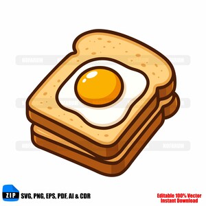 May include: A cartoon image of two slices of toast with a fried egg on top. The egg has a yellow yolk and a white egg white. The toast is light brown. The image includes the text "ZIP SVG, PNG, EPS, PDF, AI & CDR" and "Editable 100% Vector Instant Download".
