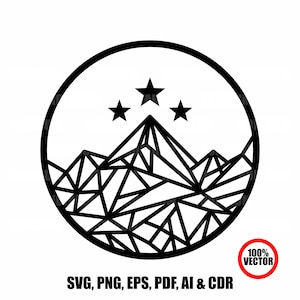 May include: A black and white geometric mountain design within a circle, featuring three stars above the peak. The image includes the text "SVG, PNG, EPS, PDF, AI & CDR" and a red circle with "100% VECTOR".