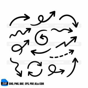 Puede incluir: Ilustraciones de flechas negras en diversas formas y direcciones, incluyendo curvas, zigzag y líneas discontinuas. La imagen también incluye el texto "SVG, PNG, DXF, EPS, PDF, AI, & CDR".