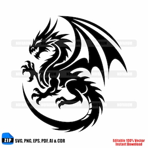 May include: A black dragon illustration with detailed scales, claws, and wings. The dragon is curled in a circular shape, with its head facing left and its wings spread. The image includes the text "ZIP SVG, PNG, EPS, PDF, AI & CDR" and "Editable 100% Vector Instant Download."