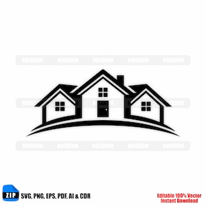 May include: A monochrome vector graphic featuring three houses with windows and doors, positioned on a curved line. The image includes the text "ZIP SVG, PNG, EPS, PDF, AI & CDR" and "Editable 100% Vector Instant Download".