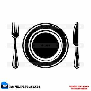 May include: Black and white illustration of a place setting. The image features a plate, fork, and knife. The plate is round with a thick rim. The fork has four tines, and the knife has a curved blade. The image also includes the text "SVG, PNG, EPS, PDF, AI & CDR".