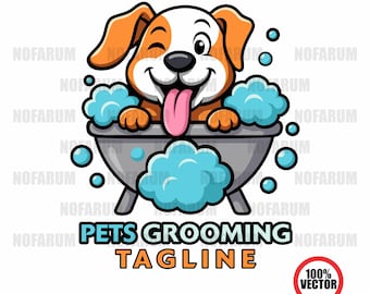 May include: A cartoon illustration of a dog in a bathtub with blue bubbles. The dog is winking and sticking out its tongue. Text reads "PETS GROOMING TAGLINE" and "100% VECTOR".