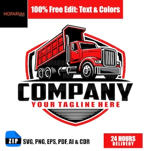 May include: A red and black logo depicting a dump truck within a shield design. The logo prominently displays the word "COMPANY" and the tagline "YOUR TAGLINE HERE". The image also includes the text "100% Free Edit: Text & Colors".