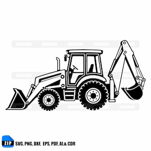 Peut inclure: Illustration en noir et blanc d'une pelleteuse. Le véhicule est équipé d'un godet avant, d'un bras de pelle arrière et de gros pneus. Le texte "ZIP SVG, PNG, DXF, EPS, PDF, AI,& CDR" est inclus.