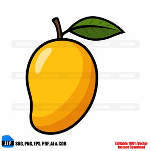 May include: A cartoon illustration of a ripe mango with a green leaf and a brown stem. The mango is yellow with a black outline. The image includes text that says "SVG, PNG, EPS, PDF, AI & CDR" and "Editable 100% Vector Instant Download."