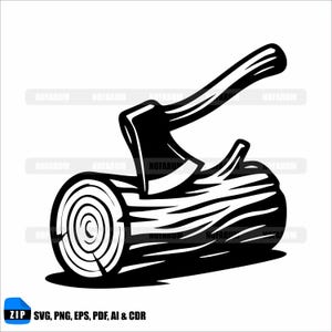 Könnte beinhalten: Schwarz-Weiß-Illustration einer Axt, die in einem Baumstamm steckt. Die Axt ist abgewinkelt, die Klinge steckt im Holz. Der Baumstamm zeigt Jahresringe. Der Text "SVG, PNG, EPS, PDF, AI & CDR" ist enthalten.