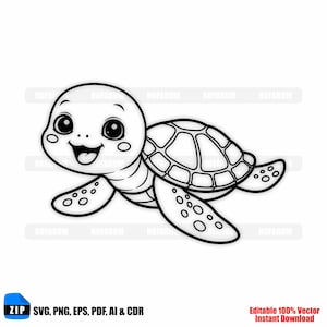 Puede incluir: Ilustración de dibujos animados en blanco y negro de una tortuga marina sonriente. La tortuga tiene un patrón de caparazón detallado y está nadando. La imagen incluye el texto "ZIP SVG, PNG, EPS, PDF, AI & CDR" y "Editable 100% Vector Instant Download".