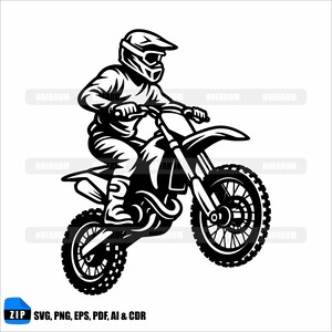 May include: Black and white illustration of a motocross rider on a dirt bike. The rider is wearing a helmet and protective gear. The bike is in motion, with the front wheel raised. The image includes the text "ZIP SVG, PNG, EPS, PDF, AI & CDR".