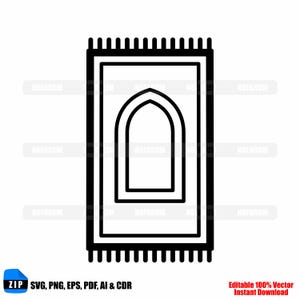 Könnte beinhalten: Schwarz-weiße Grafik eines Gebetsteppichs mit einem zentralen bogenförmigen Design. Der Teppich hat eine rechteckige Form mit einem gefransten Rand. Der Text unten lautet "ZIP SVG, PNG, EPS, PDF, AI & CDR" und "Editable 100% Vector Instant Download."