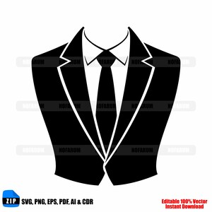 May include: Black and white vector illustration of a suit jacket, shirt, and tie. The suit is a classic design with a white shirt and a black tie. The image includes text that says "SVG, PNG, EPS, PDF, AI & CDR" and "Editable 100% Vector Instant Download."