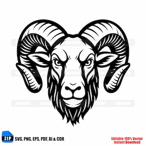 May include: A black and white illustration of a ram's head, featuring large, curved horns and a detailed, textured design. The image includes the text "SVG, PNG, EPS, PDF, AI & CDR" and "Editable 100% Vector Instant Download".