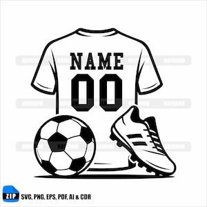 May include: Monochrome illustration of soccer gear. A football shirt with "NAME" and the number "00" is positioned with a football and a boot. The image includes the text "SVG, PNG, EPS, PDF, AI & CDR".