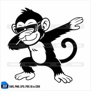 May include: Black and white cartoon illustration of a monkey dabbing while wearing sunglasses. The monkey is in a dabbing pose with one arm extended and the other bent. The image includes the text "SVG, PNG, EPS, PDF, AI & CDR".