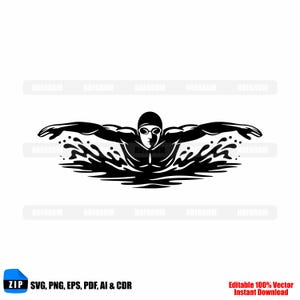 May include: A black and white illustration of a swimmer in the butterfly stroke. The swimmer is wearing a cap and goggles, with water splashing around them. The image includes the text "ZIP SVG, PNG, EPS, PDF, AI & CDR" and "Editable 100% Vector Instant Download".