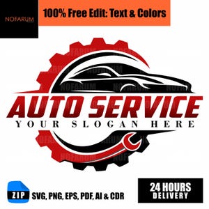 May include: A logo for a car repair business. The design includes a black car silhouette above red text that reads "AUTO SERVICE" and "YOUR SLOGAN HERE". A red gear and wrench are also included. The text "100% Free Edit: Text & Colors" is at the top of the image.