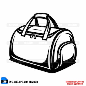 May include: Black and white vector illustration of a duffel bag. The bag has a top handle, two smaller handles, and a side pocket with a zipper. The image includes the text "ZIP SVG, PNG, EPS, PDF, AI & CDR" and "Editable 100% Vector Instant Download."