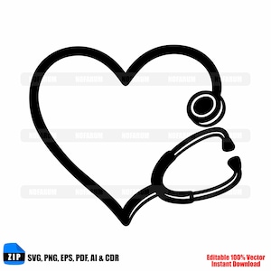 May include: A black and white graphic of a stethoscope forming a heart shape. The stethoscope is on the right side of the heart. The image includes the text "ZIP SVG, PNG, EPS, PDF, AI & CDR" and "Editable 100% Vector Instant Download".