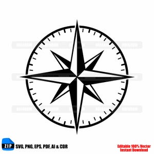 May include: Black and white compass rose design with a circular border and directional points. The image includes the text "ZIP SVG, PNG, EPS, PDF, AI & CDR" and "Editable 100% Vector Instant Download".