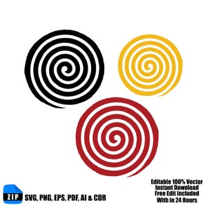 May include: Three circular spiral designs in black, yellow, and red. The image includes the text "ZIP SVG, PNG, EPS, PDF, AI & CDR" and "Editable 100% Vector Instant Download Free Edit Included With in 24 Hours."