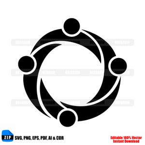 May include: A black and white graphic design featuring a circular shape with four connected segments and four solid circles. The image includes the text "ZIP SVG, PNG, EPS, PDF, AI & CDR" and "Editable 100% Vector Instant Download."