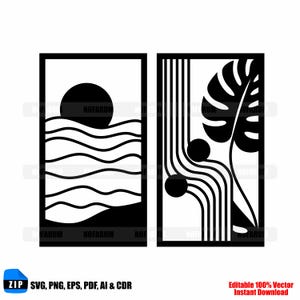 May include: Two black and white wall art panels. One features a sun over wavy lines, the other has a leaf and curved lines. The panels are framed and include the text "NOFARUM" and "Editable 100% Vector Instant Download".