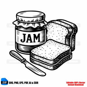 Puede incluir: Ilustración en blanco y negro de un tarro con la palabra "JAM", un cuchillo y dos rebanadas de pan. El tarro tiene tapa y etiqueta. Las rebanadas de pan están apiladas. La imagen es un gráfico vectorial.