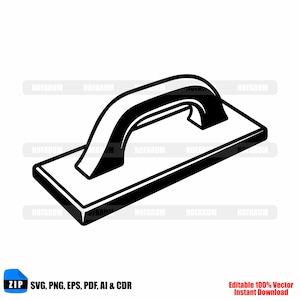 May include: A black and white vector illustration of a hand float, a tool used in construction and plastering. The float has a rectangular base with a curved handle for gripping. The image includes text indicating file formats and "Editable 100% Vector Instant Download."