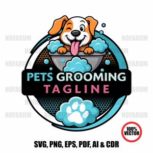 Pet Grooming Logo | Cute Dog Bath Vector Design | Pet Care Business Branding | Pet Spa Logo | Editable Pet Logo  | Grooming Salon Badge