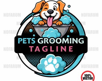 May include: A cartoon logo for pet grooming services. It features a winking dog with orange and white fur in a soapy bowl. The text "PETS GROOMING TAGLINE" is displayed on a black banner, with a paw print and the words "SVG, PNG, EPS, PDF, AI & CDR" below.