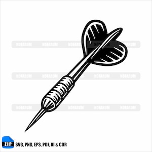 May include: A monochrome illustration of a dart. The dart has a sharp point, a ridged grip, a metal shaft, and a heart-shaped flight. This vector graphic is suitable for digital design and print projects.