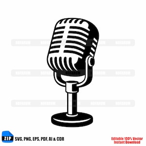 Peut inclure: Illustration en noir et blanc d'un microphone vintage. Le microphone a une tête arrondie avec des barres horizontales, un support incurvé et une base circulaire. Le texte "SVG, PNG, EPS, PDF, AI & CDR" et "Editable 100% Vector Instant Download" est inclus.