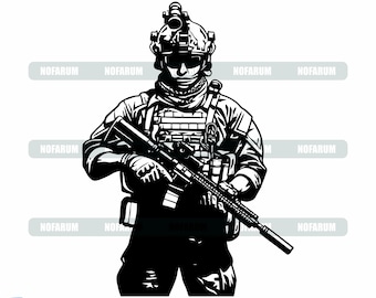 May include: Black and white vector illustration of a soldier in tactical gear, holding a rifle. The soldier wears a helmet with a night vision device. The image includes the text "ZIP SVG, PNG, EPS, PDF, AI & CDR" and "Editable 100% Vector Instant Download".