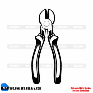 May include: Black and white illustration of a pair of side cutter pliers. The tool has curved handles and a cutting head. The image includes the text "ZIP SVG, PNG, EPS, PDF, AI & CDR" and "Editable 100% Vector Instant Download".