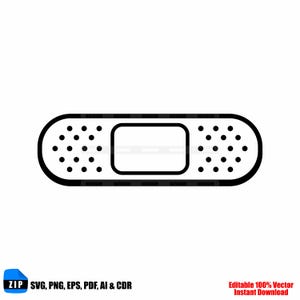 Puede incluir: Ilustración vectorial en blanco y negro de una tirita. La tirita tiene un apósito rectangular en el centro y está punteada con pequeños círculos a ambos lados. La imagen también incluye el texto "ZIP SVG, PNG, EPS, PDF, AI & CDR" y "Editable 100% Vector Instant Download."