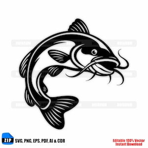 Bold catfish line art illustration with flowing whiskers and fins for fishing apparel, decals, outdoor branding, and DIY projects