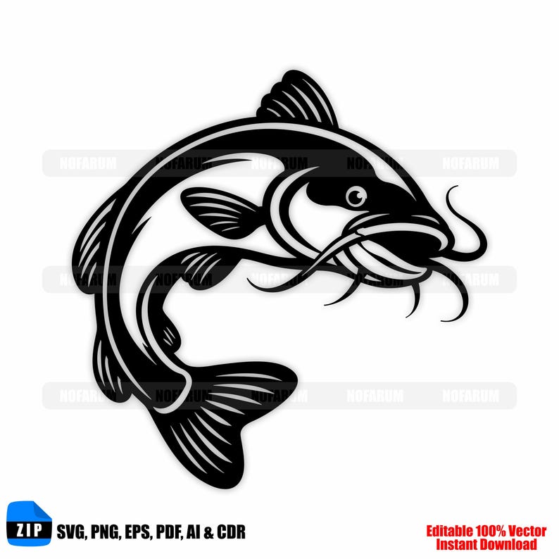 Bold catfish line art illustration with flowing whiskers and fins for fishing apparel, decals, outdoor branding, and DIY projects