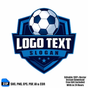 Peut inclure: Un ballon de football bleu et blanc est placé sur un logo en forme de bouclier. Le logo contient les mots "LOGO TEXT" et "SLOGAN" en blanc. Le logo comprend également trois étoiles et le texte "Editable 100% Vector Instant Download Free Edit Included With in 24 Hours".