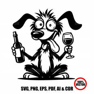 Funny Drunk Dog SVG | Cartoon Dog With Wine and Beer Bottle | Party Dog Clipart | Comical Dog T-Shirt Design | Instant Download