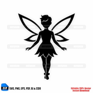 May include: A black silhouette of a fairy with large, detailed wings, a petal-shaped skirt, and a short hairstyle. The fairy is depicted with outstretched arms. Text at the bottom reads "ZIP SVG, PNG, EPS, PDF, AI & CDR" and "Editable 100% Vector Instant Download".