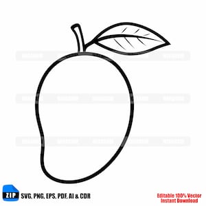 Puede incluir: Ilustración en blanco y negro de un mango con una hoja. La imagen incluye el texto "ZIP SVG, PNG, EPS, PDF, AI & CDR" y "Editable 100% Vector Instant Download".