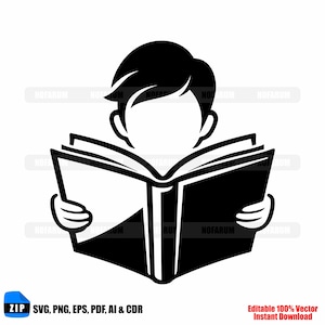 May include: A black and white illustration of a person reading a book. The person is holding the open book with both hands. The image includes the text "ZIP SVG, PNG, EPS, PDF, AI & CDR" and "Editable 100% Vector Instant Download".