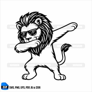 May include: Black and white illustration of a lion dabbing, wearing sunglasses. The lion is in a dabbing pose with one arm raised and the other bent. The image includes the text "SVG, PNG, EPS, PDF, AI & CDR".